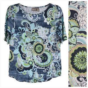 Chico's 0 Paisley Short Sleeve Knit Top Women's Groovy Soft Tee Floral Denim